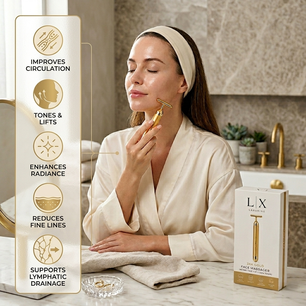 Laxurine 24K Gold Face Massager for Women & Men | Electric Facial Massager for Face Lifting, Skin Tightening, Lymphatic Drainage, Puffiness Reduction & Anti-Aging Skincare Tool