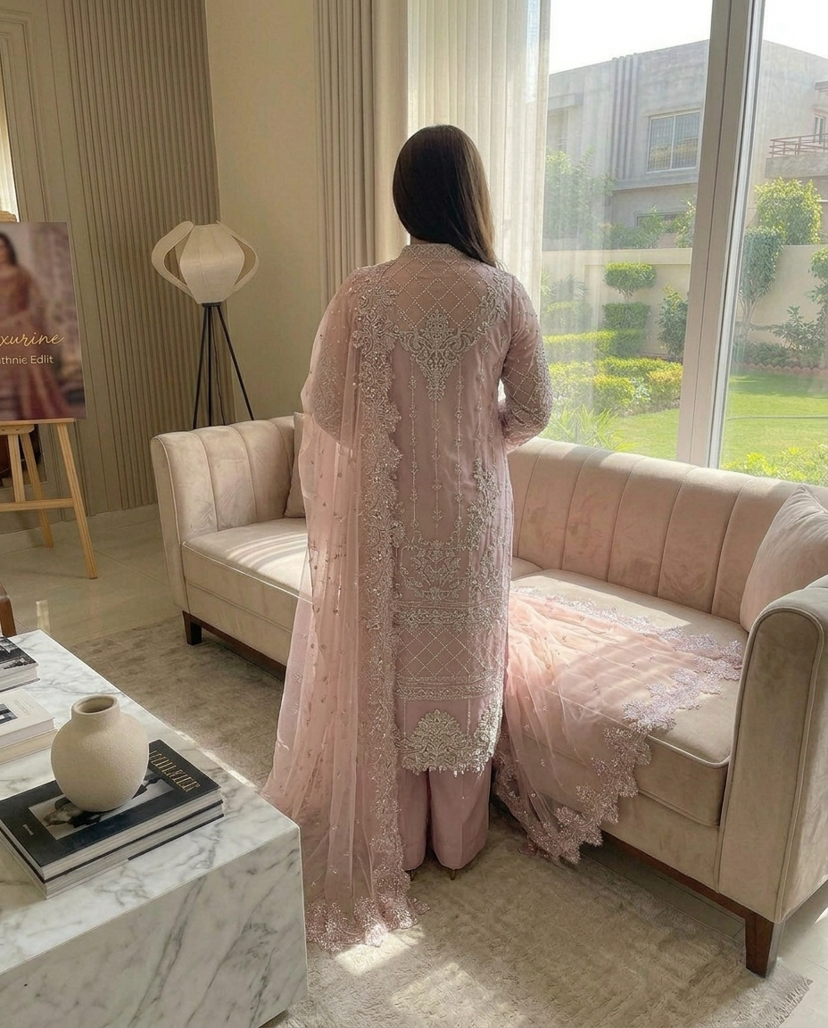 Laxurine Women's Blush Pink Heavy Embroidered Party Wear Suit Set with Net Dupatta