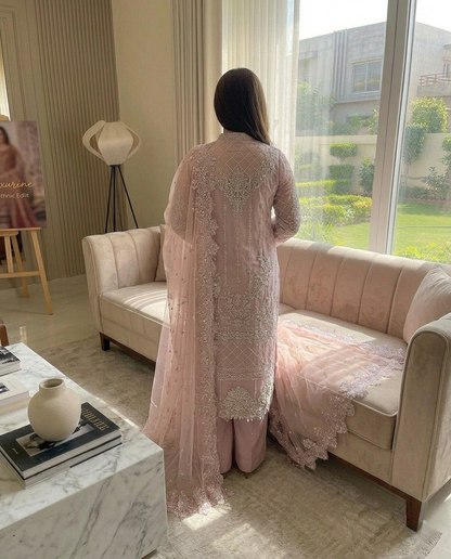 Laxurine Women's Blush Pink Heavy Embroidered Party Wear Suit Set with Net Dupatta