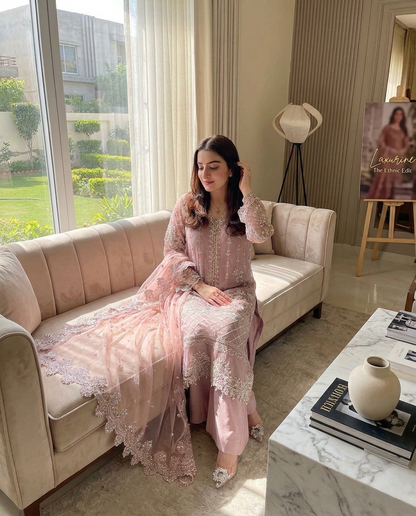 Laxurine Women's Blush Pink Heavy Embroidered Party Wear Suit Set with Net Dupatta