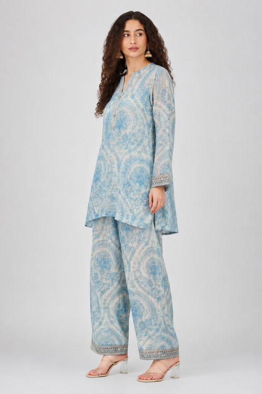 Laxurine Blue Paisley Printed Kurta Co-Ord Set