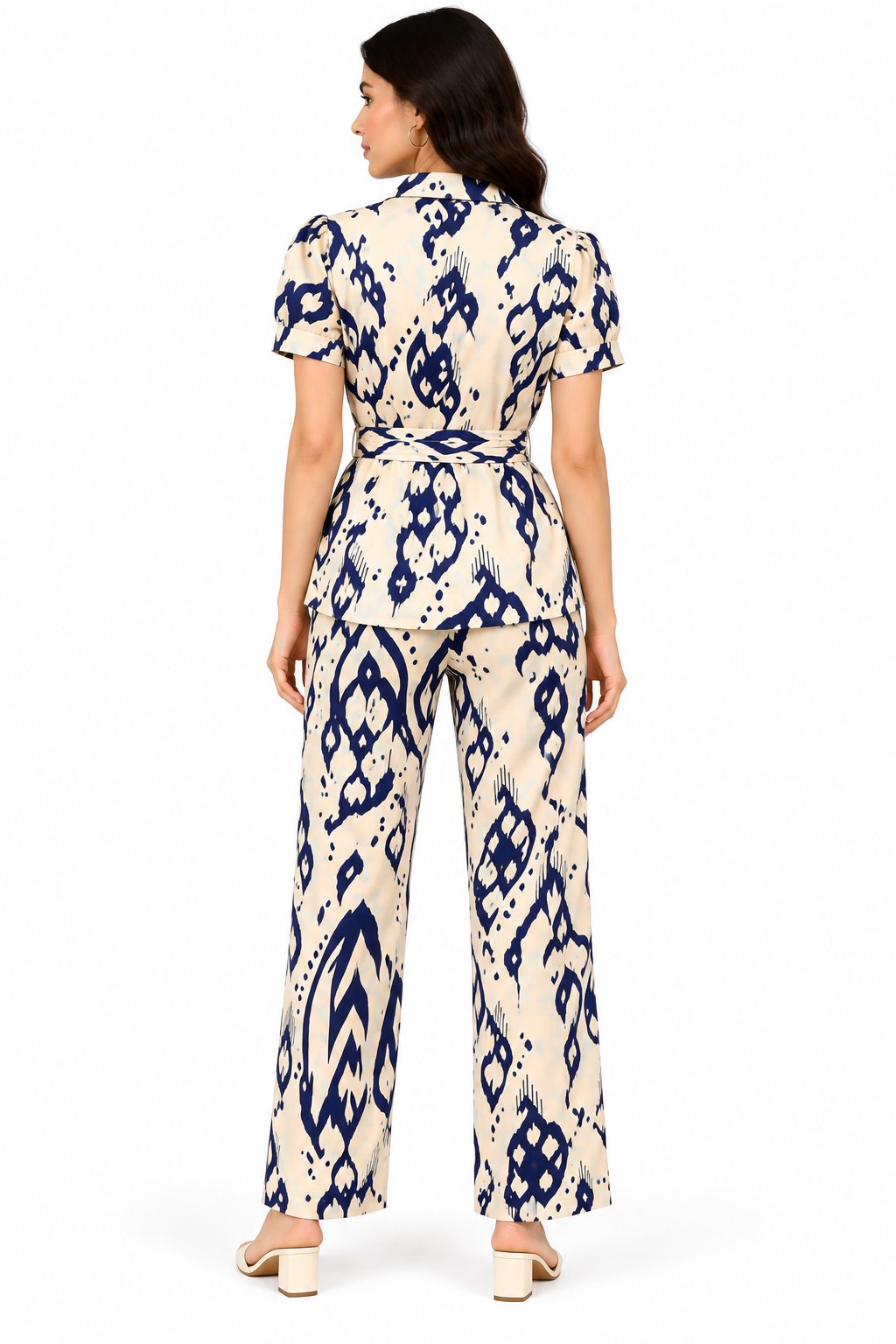 Women's Beige and Navy Blue Abstract Printed Shirt Co-Ord Set