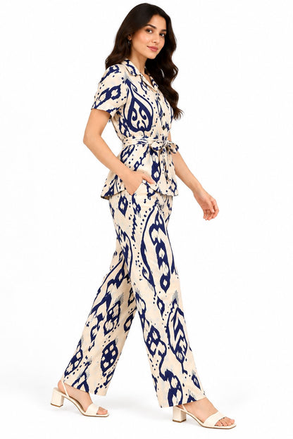 Women's Beige and Navy Blue Abstract Printed Shirt Co-Ord Set