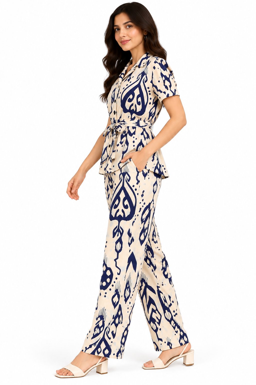 Women's Beige and Navy Blue Abstract Printed Shirt Co-Ord Set