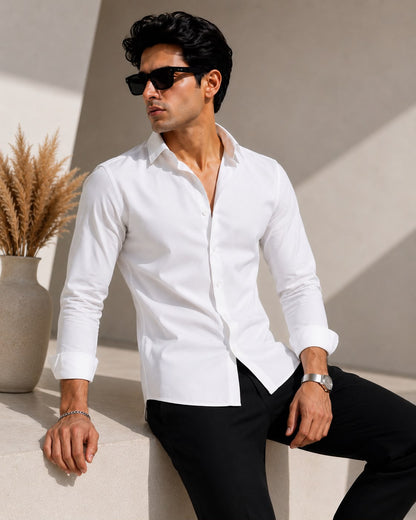 Laxurine White Solid Cotton Shirt for Men – Regular Fit