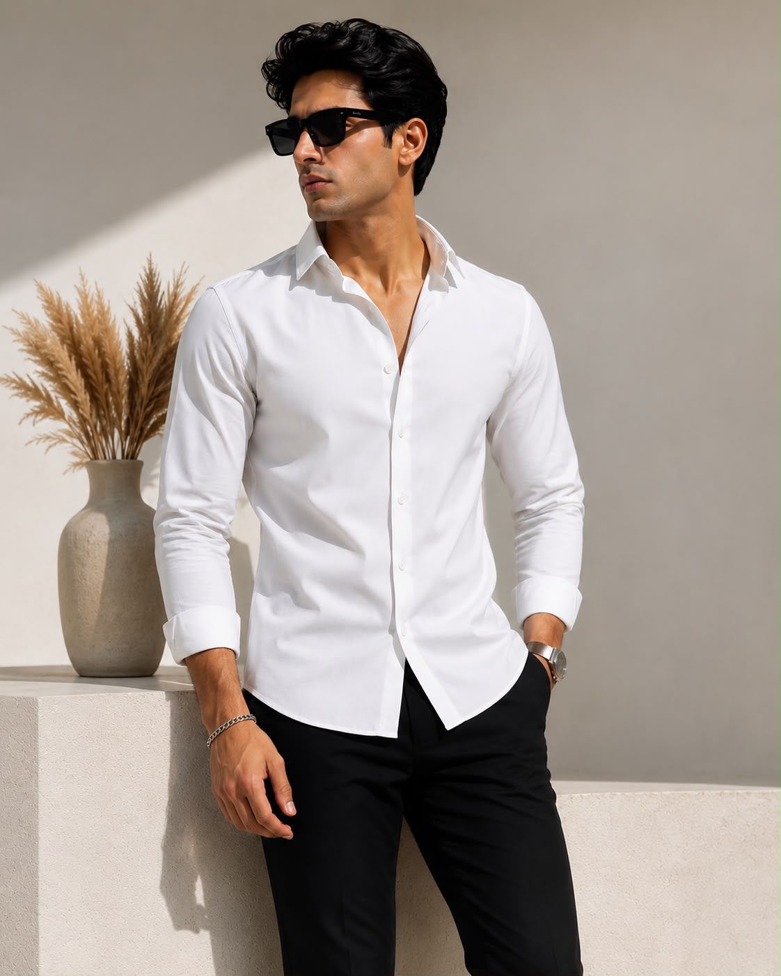 Laxurine white solid cotton shirt for men regular fit