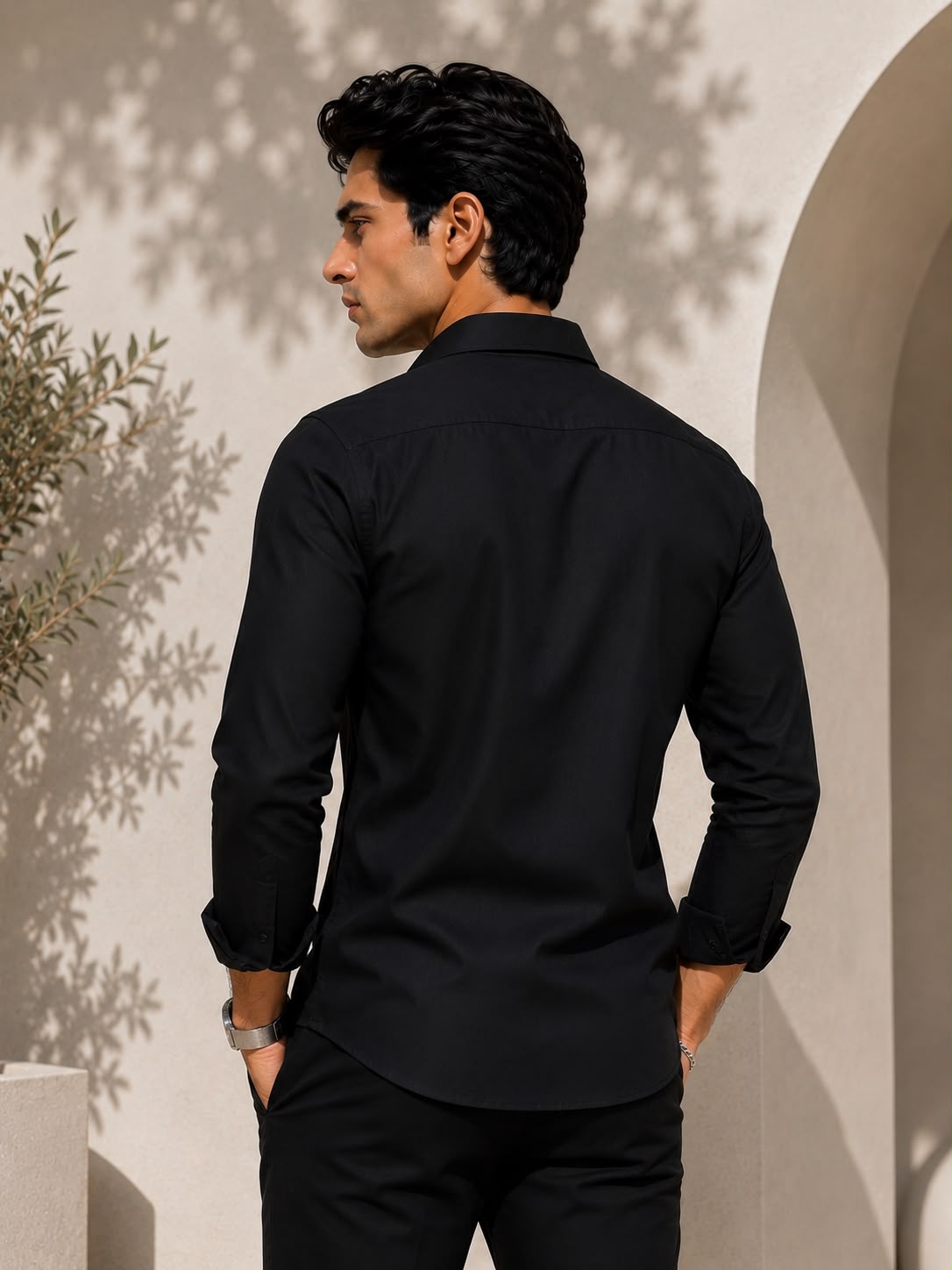 Back view of Laxurine black solid cotton shirt for men