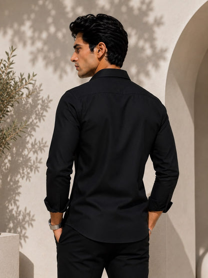 Back view of Laxurine black solid cotton shirt for men