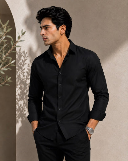 Laxurine men's black cotton shirt side angle