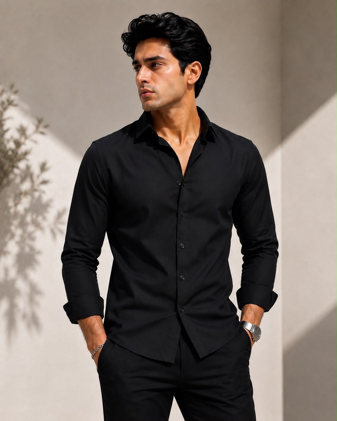 Laxurine black solid cotton shirt for men regular fit