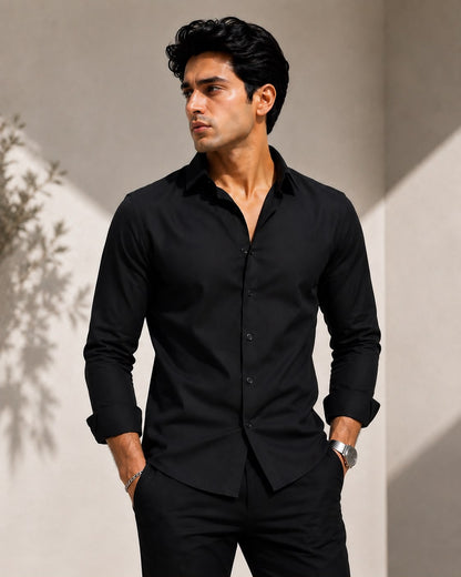 Laxurine black solid cotton shirt for men regular fit