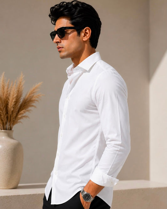 Laxurine men's white cotton shirt side angle regular fit