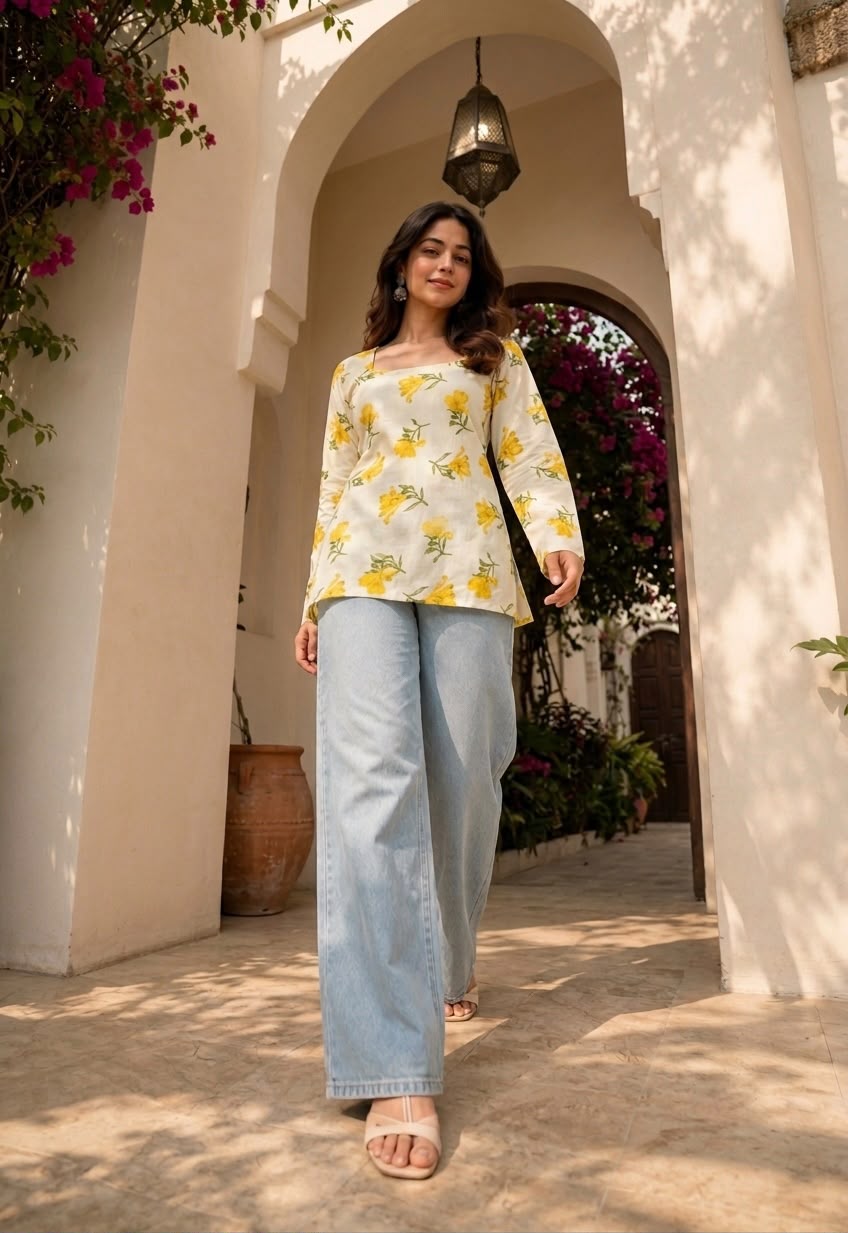 Women’s Yellow Floral Printed Square Neck Full Sleeve Top