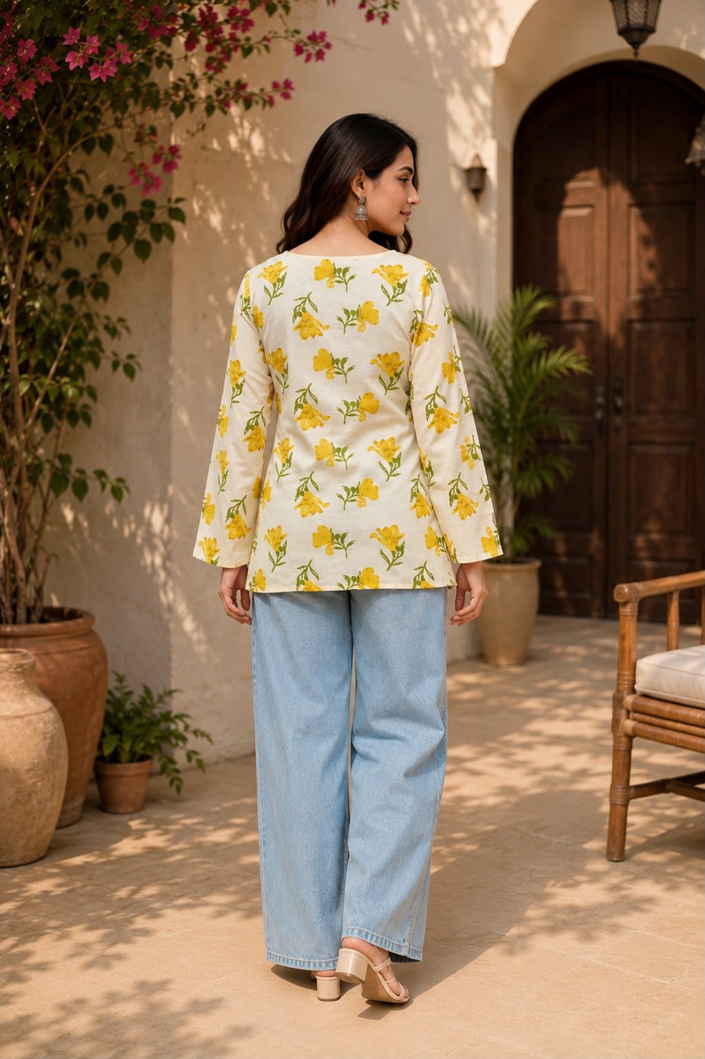 Women’s Yellow Floral Printed Square Neck Full Sleeve Top