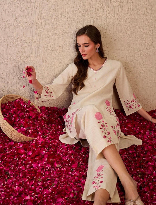Laxurine Women's Beige Floral Embroidered Kurta Palazzo Co-Ord Set | Elegant Ethnic Wear for Women