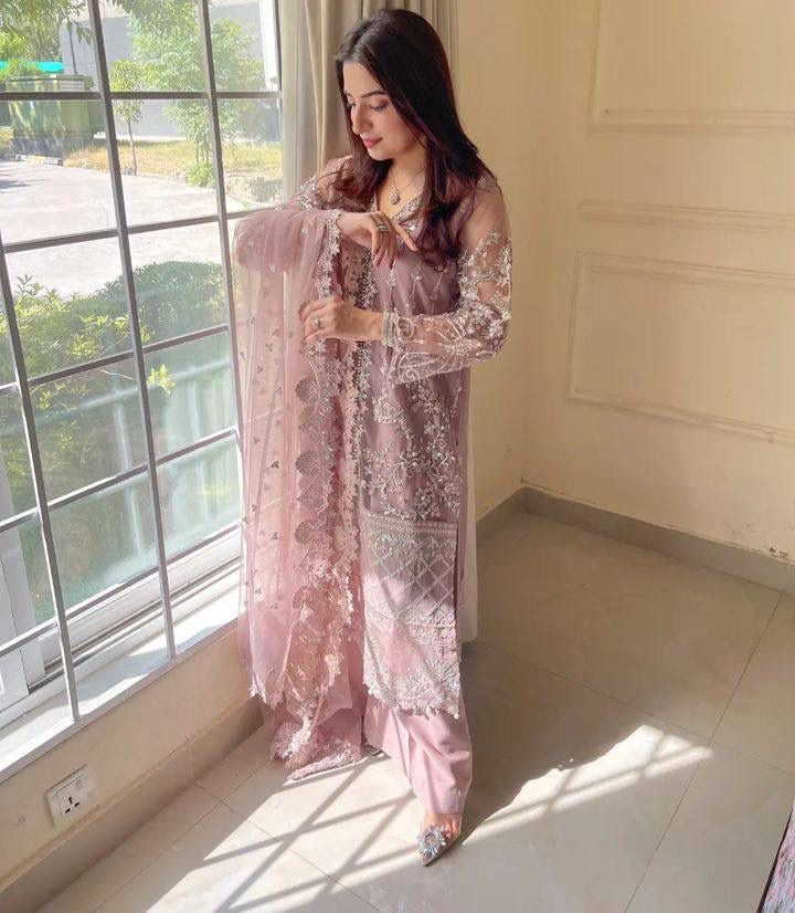 Laxurine Women's Blush Pink Heavy Embroidered Party Wear Suit Set with Net Dupatta