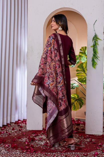 Laxurine Women's Brown Embroidered Kurta Pant Set with Printed Dupatta | Festive Ethnic Wear Suit Set