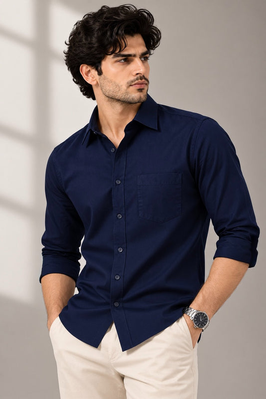 Laxurine Men's Navy Blue Solid Casual Shirt