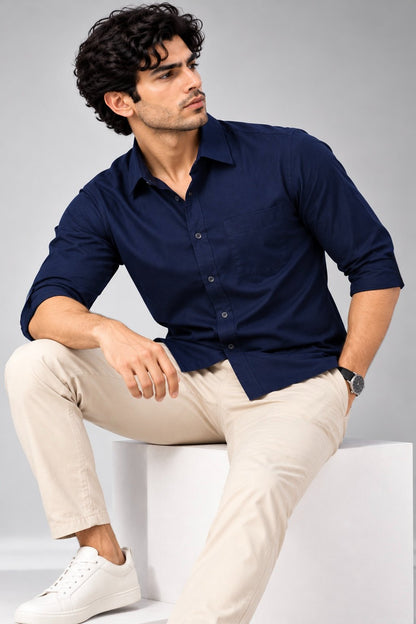Laxurine Men's Navy Blue Solid Casual Shirt