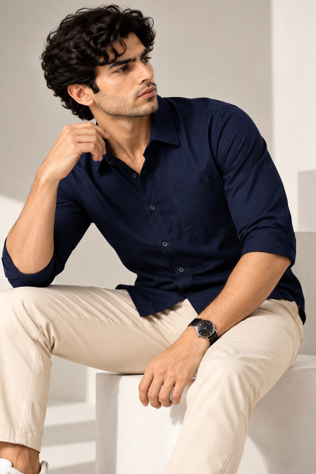 Laxurine Men's Navy Blue Solid Casual Shirt