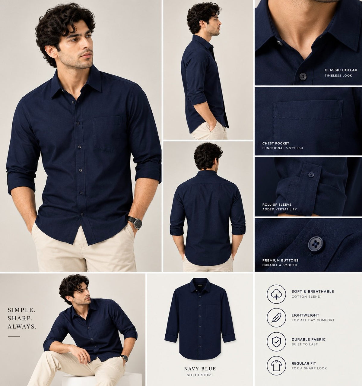Laxurine Men's Navy Blue Solid Casual Shirt