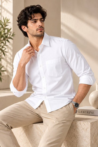 Laxurine Men's White Solid Casual Shirt